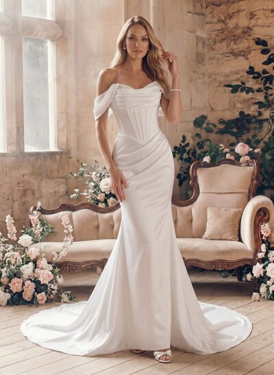 Sheath/Column Off-The-Shoulder Sleeveless Court Train Matte Satin Bride Wedding Dress With Beading