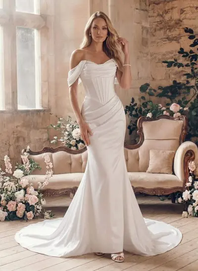 Sheath/Column Off-The-Shoulder Sleeveless Court Train Matte Satin Wedding Dress With Beading