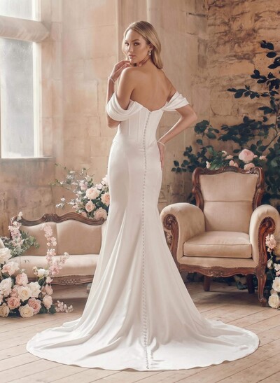 Sheath/Column Off-The-Shoulder Sleeveless Court Train Matte Satin Bride Wedding Dress With Beading