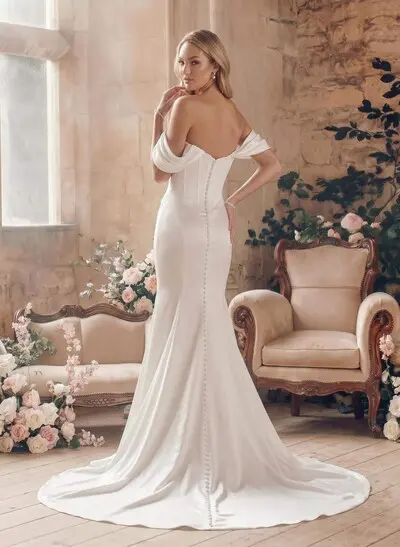 Sheath/Column Off-The-Shoulder Sleeveless Court Train Matte Satin Wedding Dress With Beading