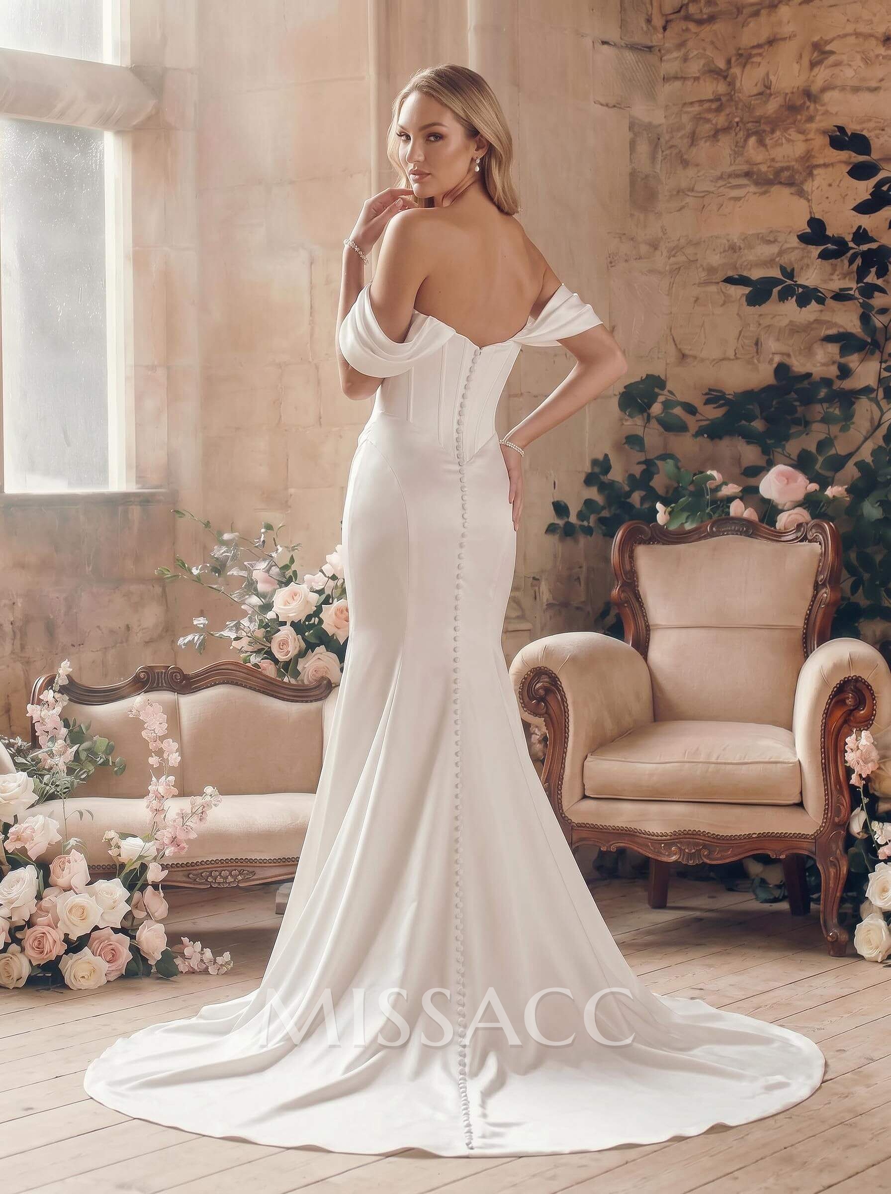 Sheath/Column Off-The-Shoulder Sleeveless Court Train Matte Satin Wedding Dress With Beading Sheath/Column Off-The-Shoulder Sleeveless Court Train Matte Satin Wedding Dress With Beading