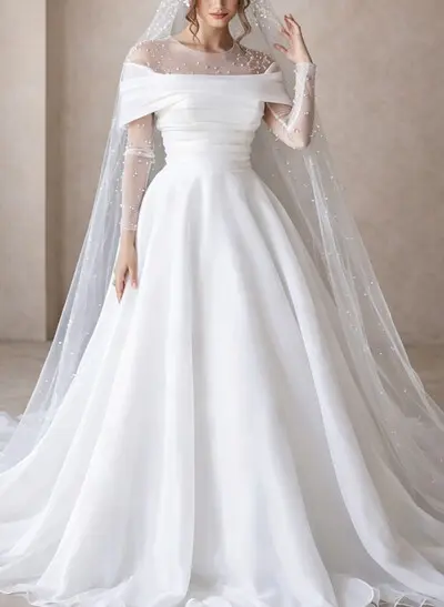 Ball-Gown Scoop Neck Long Sleeves Chapel Train Tulle/Organza Bride Wedding Dress With Beading