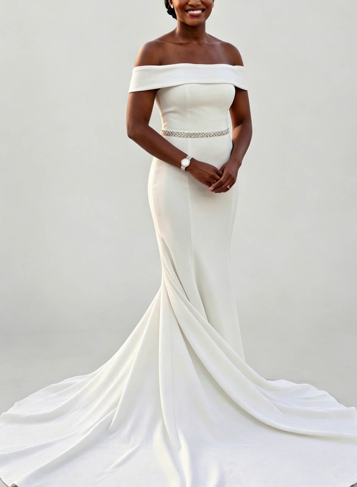 Trumpet/Mermaid Off-The-Shoulder Sleeveless Court Train Crepe Satin Bride Wedding Dress With Rhinestone
