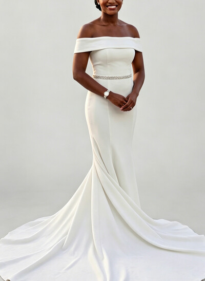 Trumpet/Mermaid Off-The-Shoulder Sleeveless Court Train Crepe Satin Bride Wedding Dress With Rhinestone