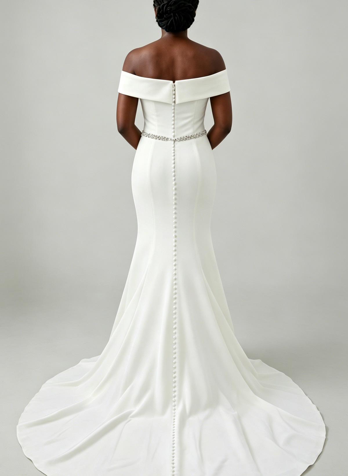 Trumpet/Mermaid Off-The-Shoulder Sleeveless Court Train Crepe Satin Bride Wedding Dress With Rhinestone