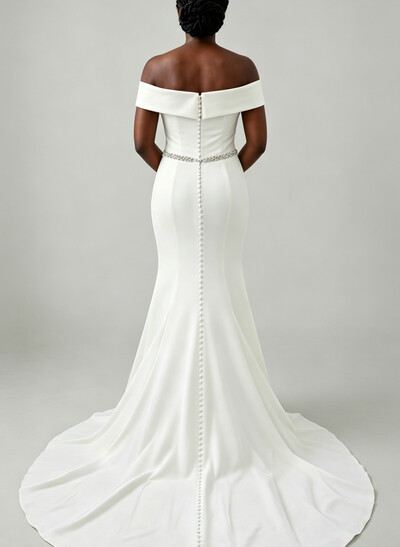 Trumpet/Mermaid Off-The-Shoulder Sleeveless Court Train Crepe Satin Bride Wedding Dress With Rhinestone