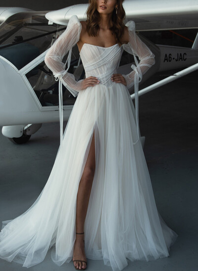 A-Line Strapless Detachable Sleeves Court Train Tulle Bride Wedding Dress With Beading