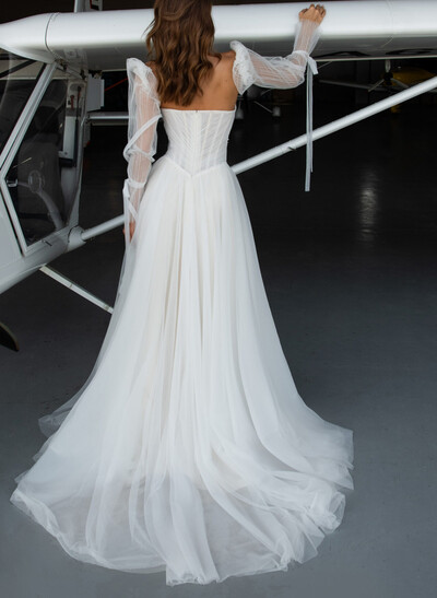 A-Line Strapless Detachable Sleeves Court Train Tulle Bride Wedding Dress With Beading