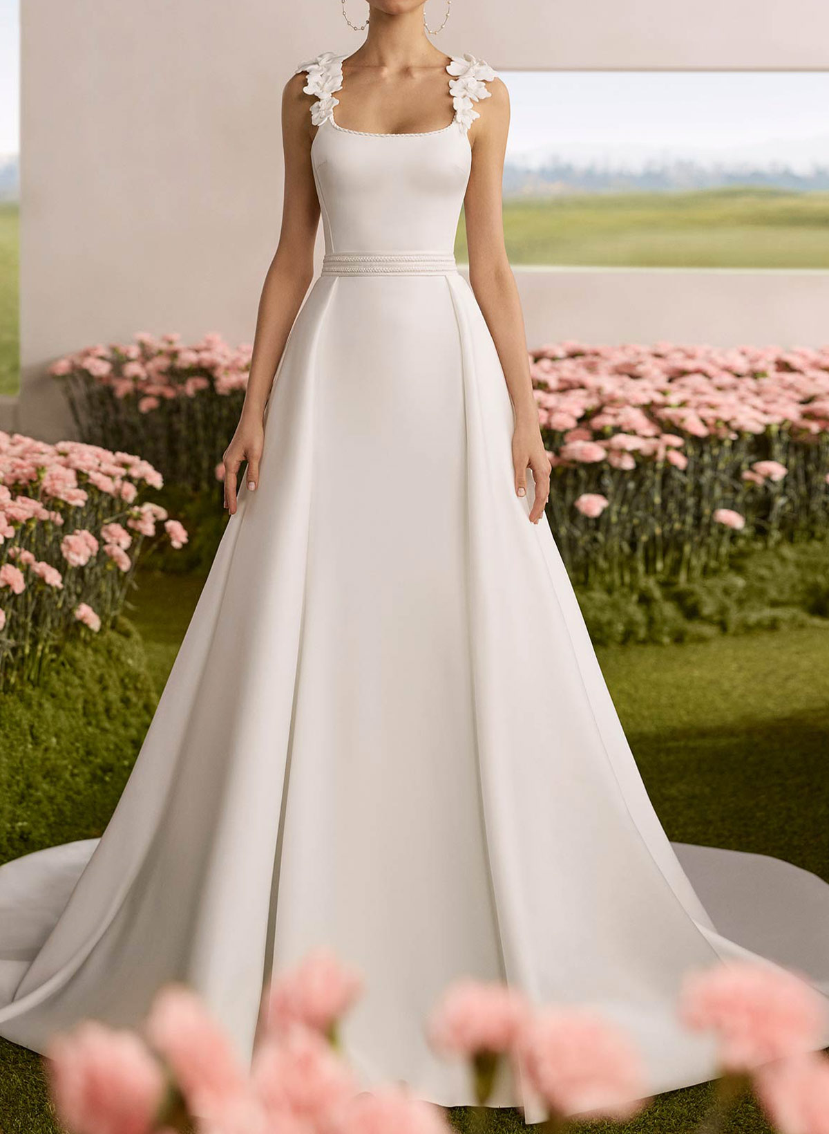 A-Line Square Neckline Sleeveless Court Train Chiffon/Matte Satin Wedding Dresses With Flower(s)/Overskirt Dress