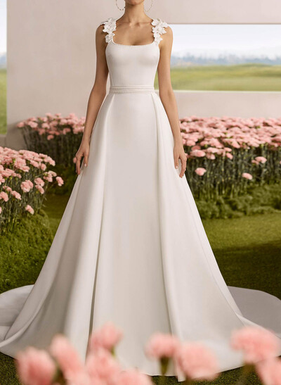 A-Line Square Neckline Sleeveless Court Train Chiffon/Matte Satin Wedding Dresses With Flower(s)/Overskirt Dress