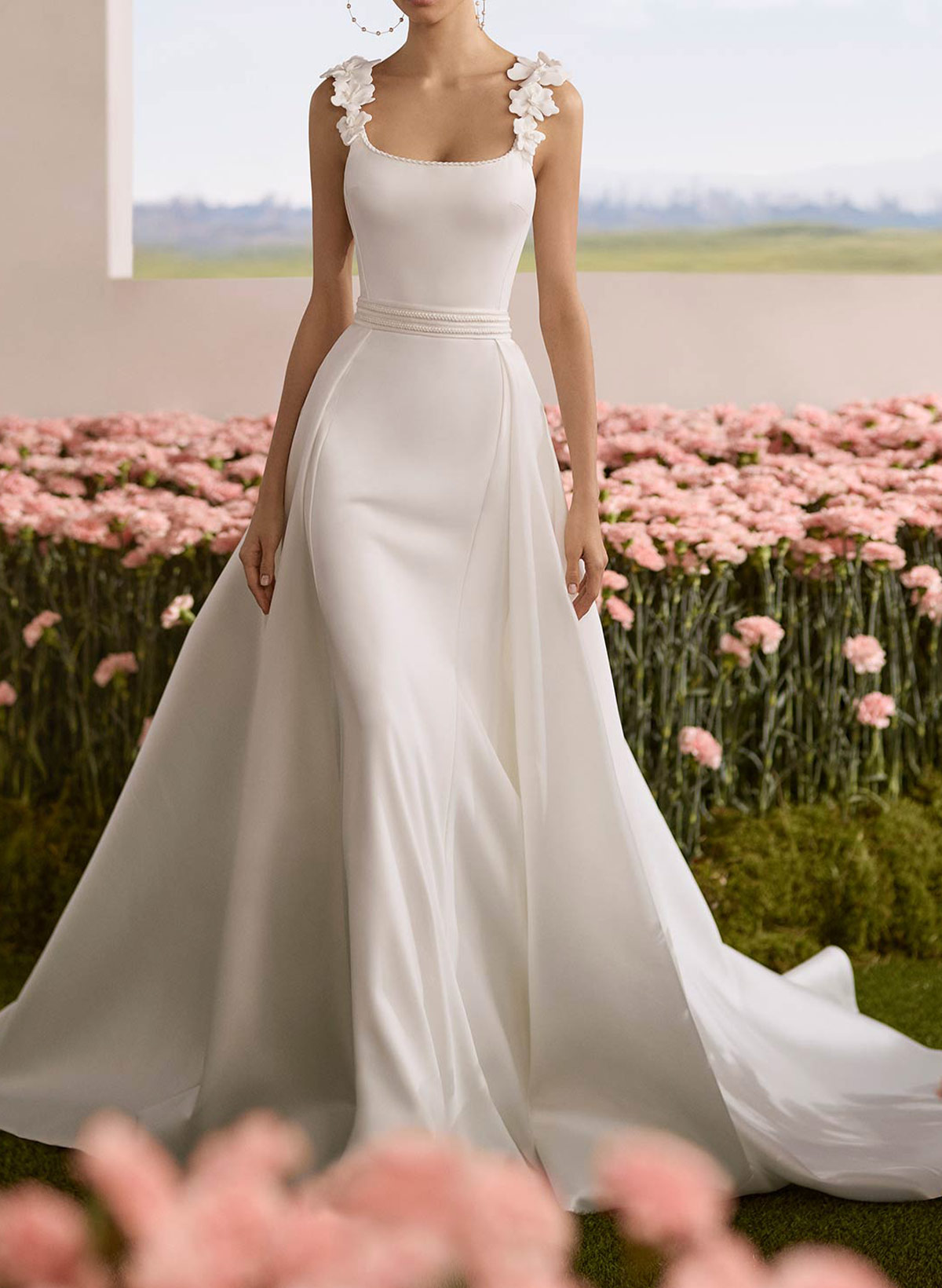 A-Line Square Neckline Sleeveless Court Train Chiffon/Matte Satin Wedding Dresses With Flower(s)/Overskirt Dress