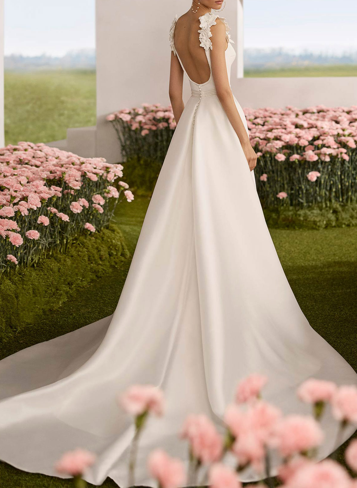 A-Line Square Neckline Sleeveless Court Train Chiffon/Matte Satin Wedding Dresses With Flower(s)/Overskirt Dress