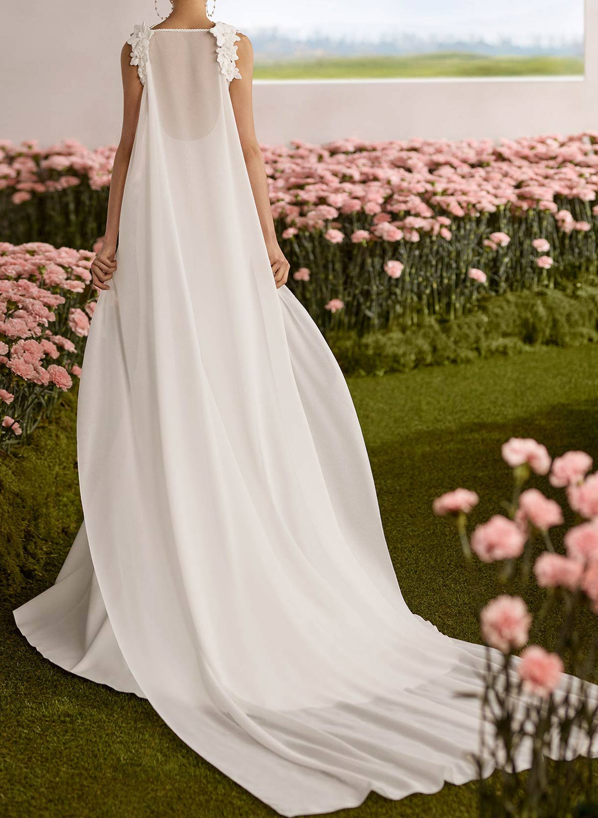 A-Line Square Neckline Sleeveless Court Train Chiffon/Matte Satin Wedding Dresses With Flower(s)/Overskirt Dress