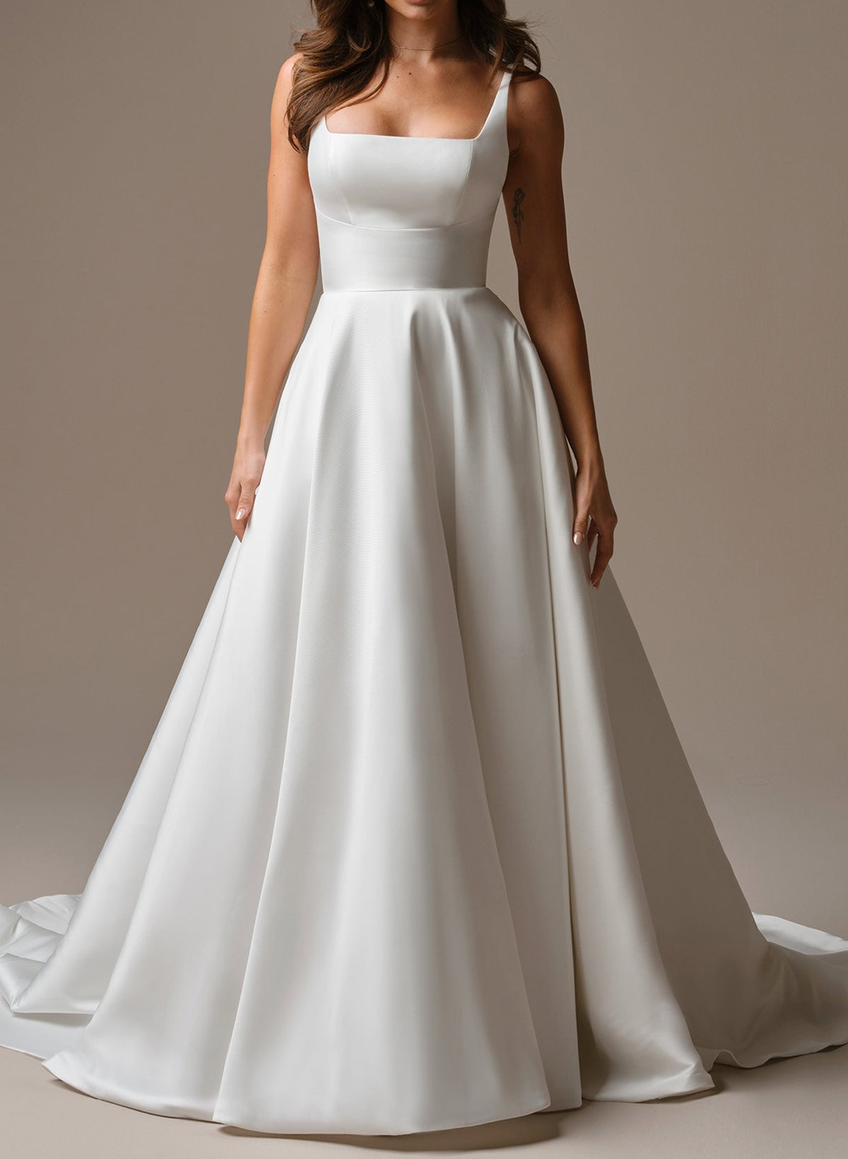 A-Line Square Neckline Sleeveless Court Train Satin Wedding Dresses With Pockets