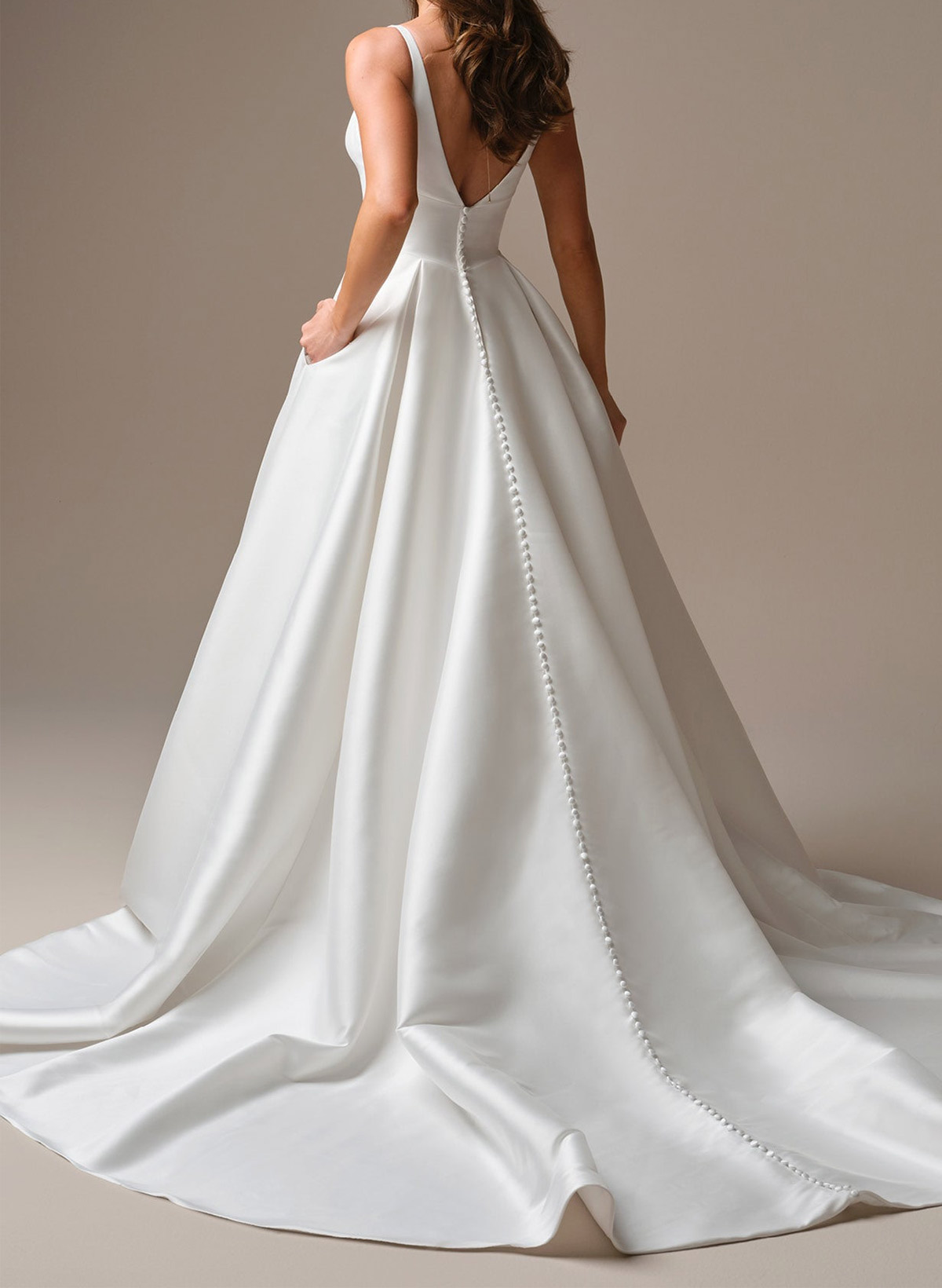 A-Line Square Neckline Sleeveless Court Train Satin Wedding Dresses With Pockets