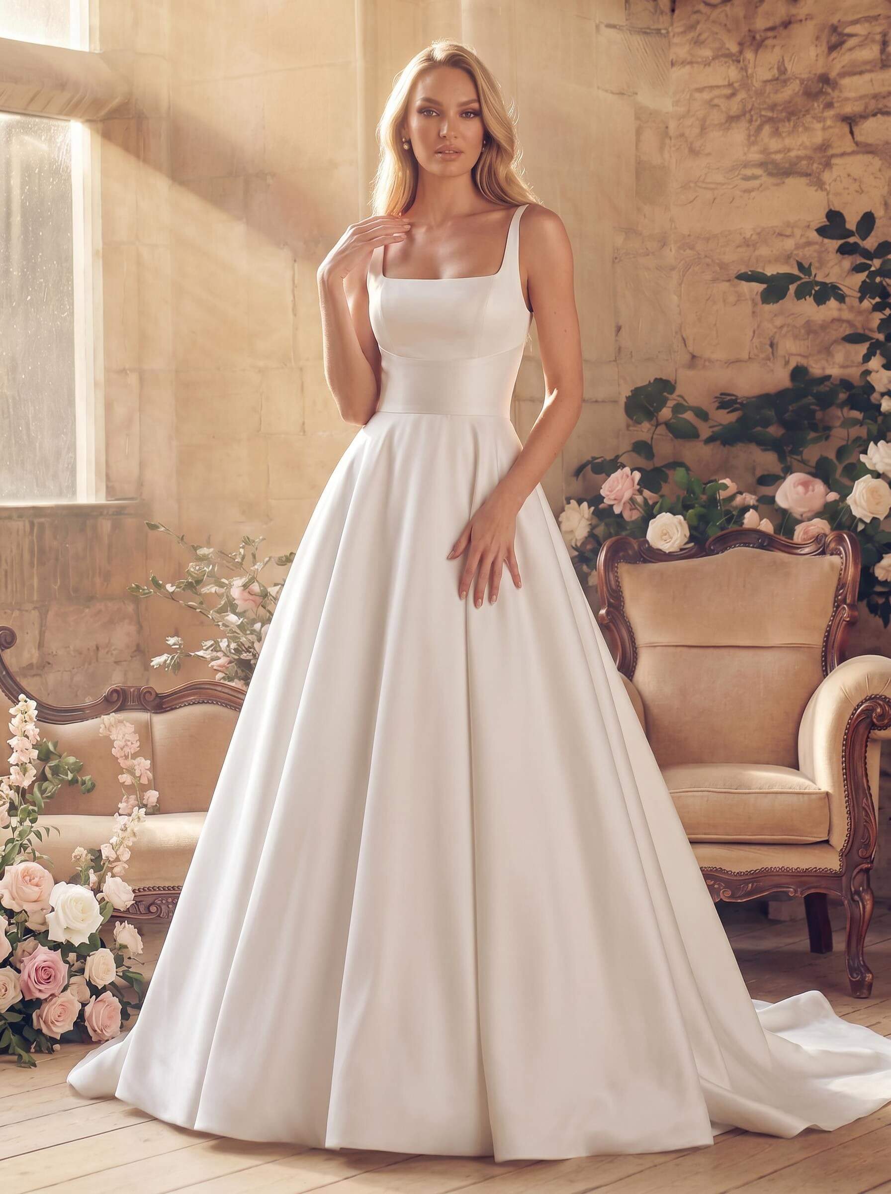 A-Line Square Neckline Sleeveless Court Train Satin Wedding Dresses With Pockets