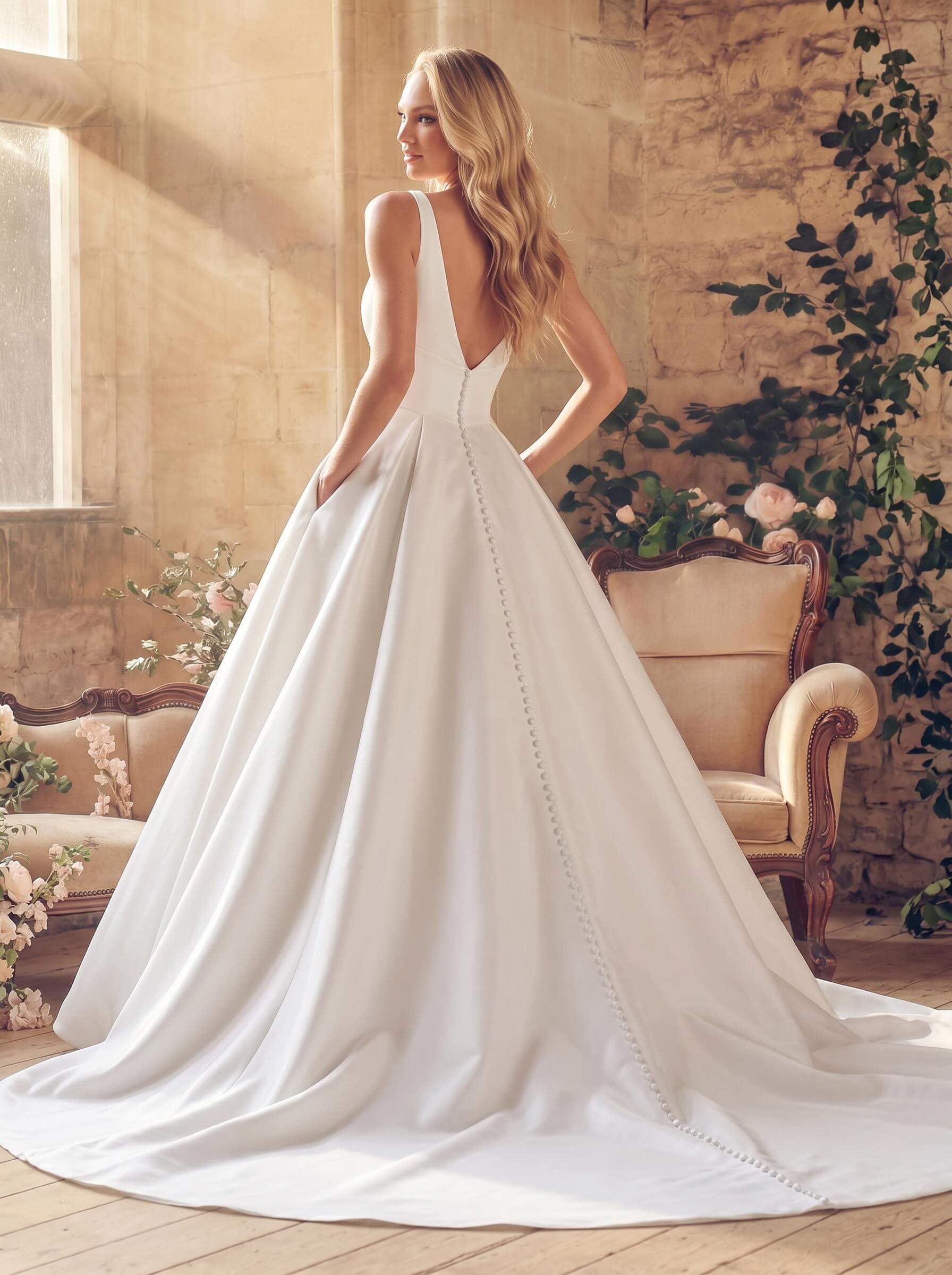 A-Line Square Neckline Sleeveless Court Train Satin Wedding Dresses With Pockets
