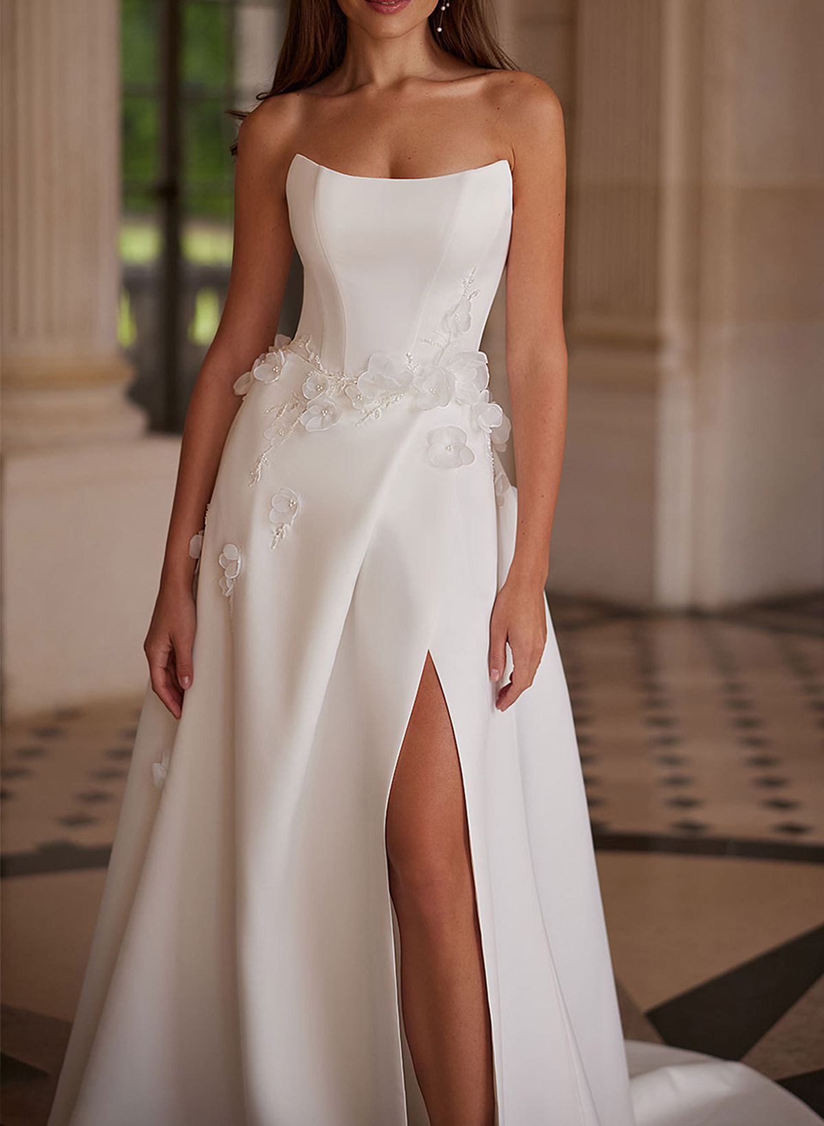 A-Line Off-The-Shoulder Sleeveless Chapel Train Matte Satin Wedding Dresses