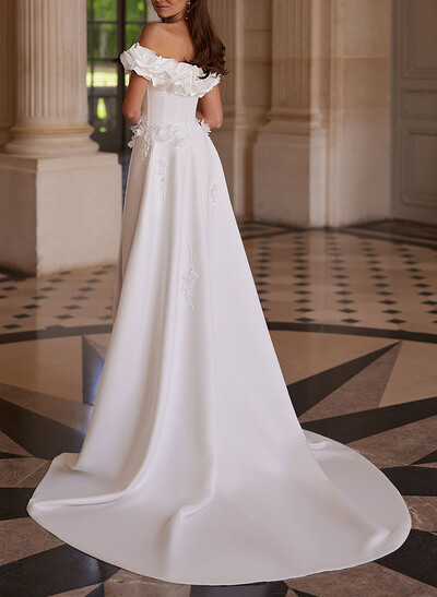 A-Line Off-The-Shoulder Sleeveless Chapel Train Matte Satin Wedding Dresses
