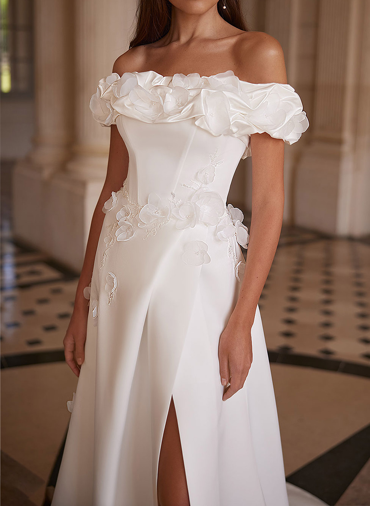 A-Line Off-The-Shoulder Sleeveless Chapel Train Matte Satin Wedding Dresses