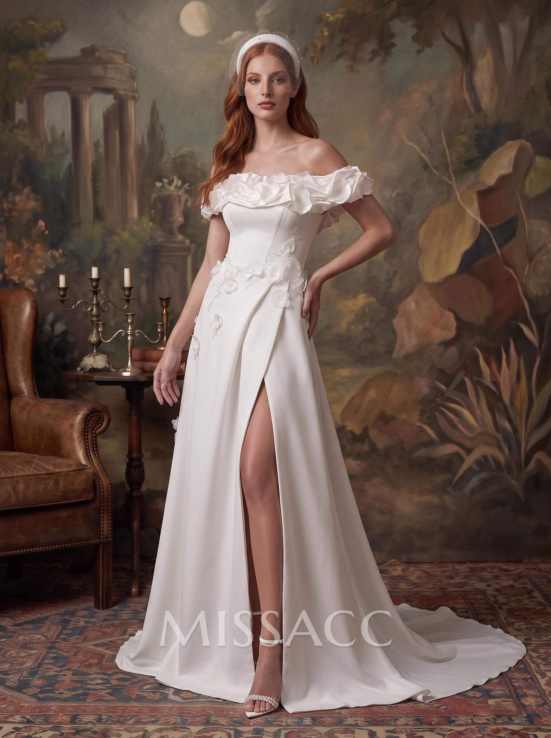 A-Line Off-The-Shoulder Sleeveless Chapel Train Matte Satin Wedding Dresses A-Line Off-The-Shoulder Sleeveless Chapel Train Matte Satin Wedding Dresses