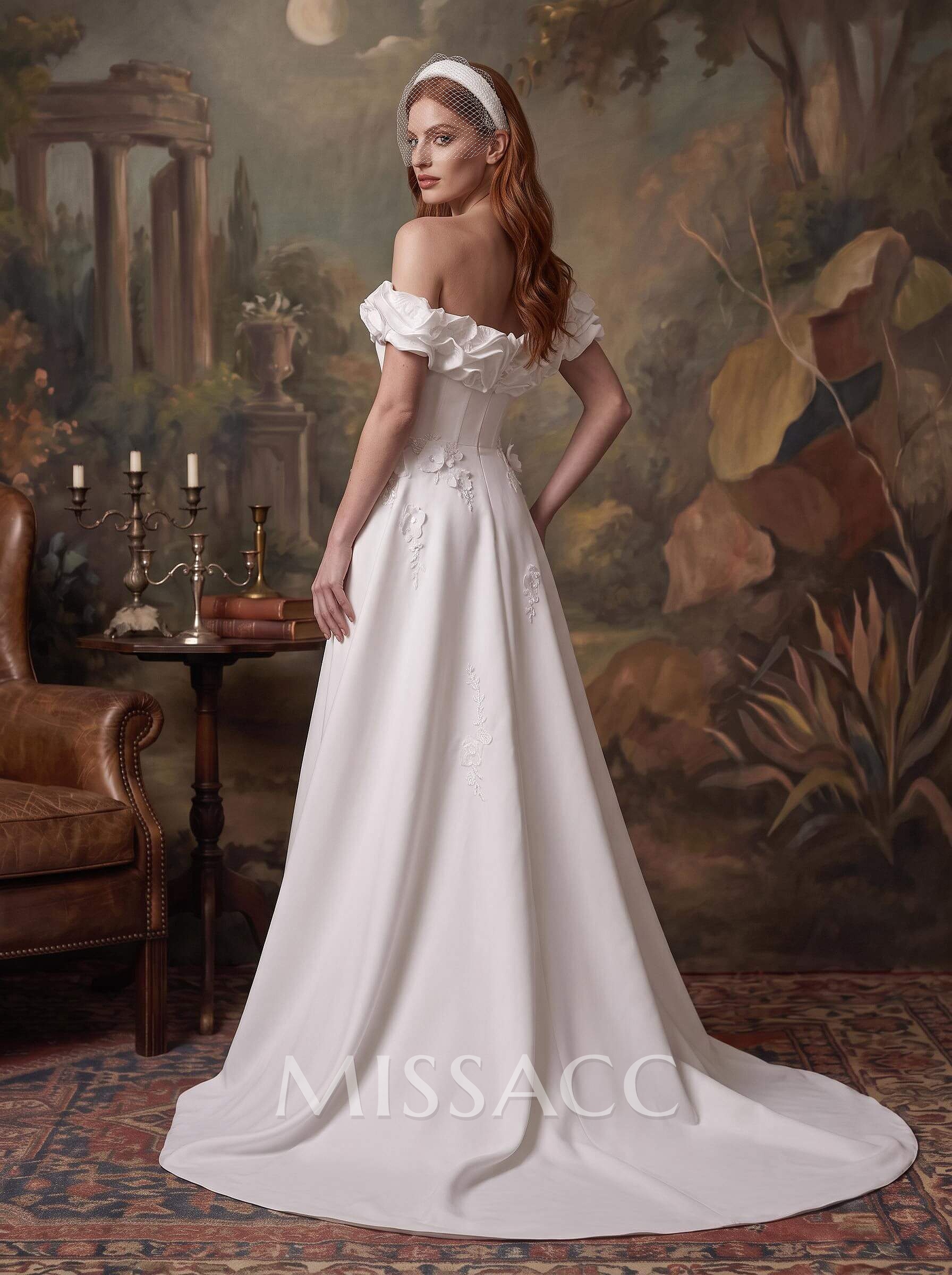A-Line Off-The-Shoulder Sleeveless Chapel Train Matte Satin Wedding Dresses A-Line Off-The-Shoulder Sleeveless Chapel Train Matte Satin Wedding Dresses