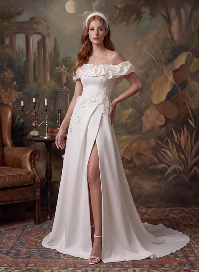 A-Line Off-The-Shoulder Sleeveless Chapel Train Matte Satin Wedding Dresses