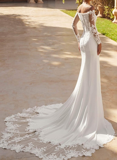 Trumpet/Mermaid Off-The-Shoulder Long Sleeves Chapel Train Lace/Crepe Satin Wedding Dresses With Appliques Lace