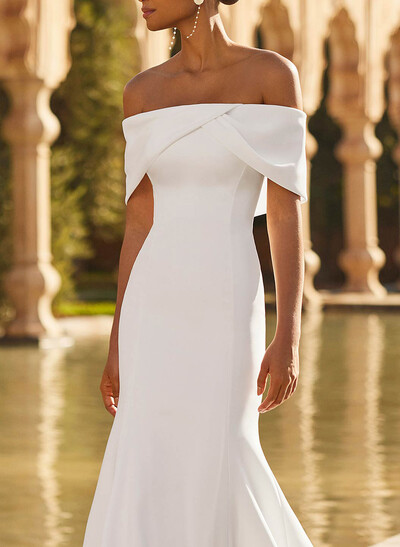 Trumpet/Mermaid Off-The-Shoulder Short Sleeves Chapel Train Elastic Satin Wedding Dresses