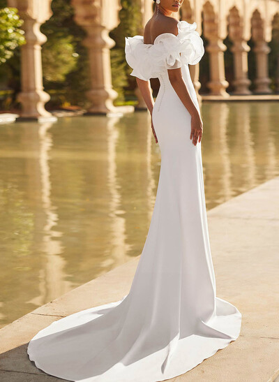 Trumpet/Mermaid Off-The-Shoulder Short Sleeves Chapel Train Elastic Satin Wedding Dresses