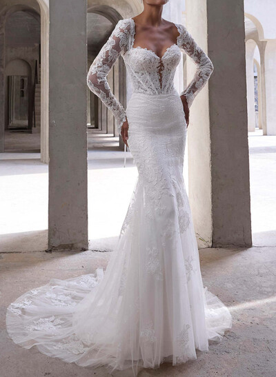 Trumpet/Mermaid Sweetheart Long Sleeves Court Train Elastic Satin Wedding Dresses With Appliques Lace