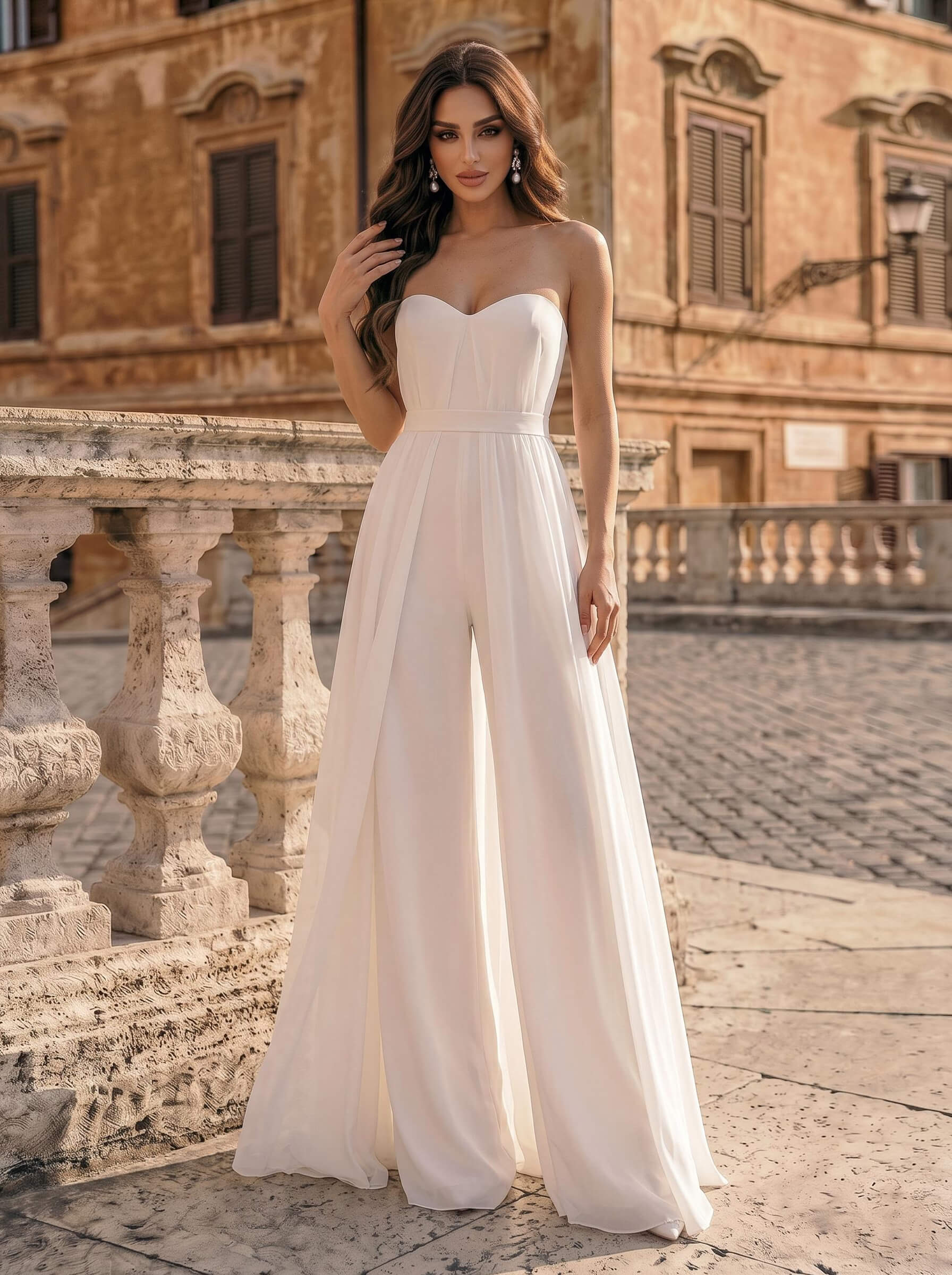 Jumpsuit/Pantsuit Off-The-Shoulder Sleeveless Floor-Length Chiffon/Elastic Satin Wedding Dresses Jumpsuit/Pantsuit Off-The-Shoulder Sleeveless Floor-Length Chiffon/Elastic Satin Wedding Dresses