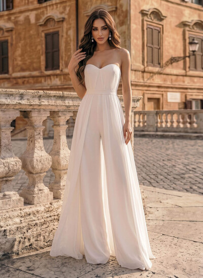 Jumpsuit/Pantsuit Off-The-Shoulder Sleeveless Floor-Length Chiffon/Elastic Satin Wedding Dresses