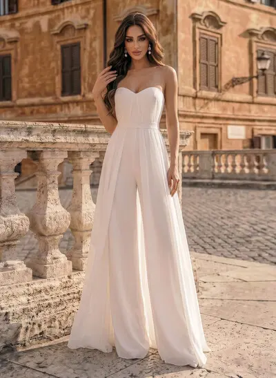 Jumpsuit/Pantsuit Off-The-Shoulder Sleeveless Floor-Length Chiffon/Elastic Satin Wedding Dresses