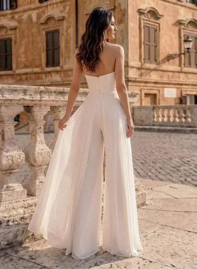 Jumpsuit/Pantsuit Off-The-Shoulder Sleeveless Floor-Length Chiffon/Elastic Satin Wedding Dresses