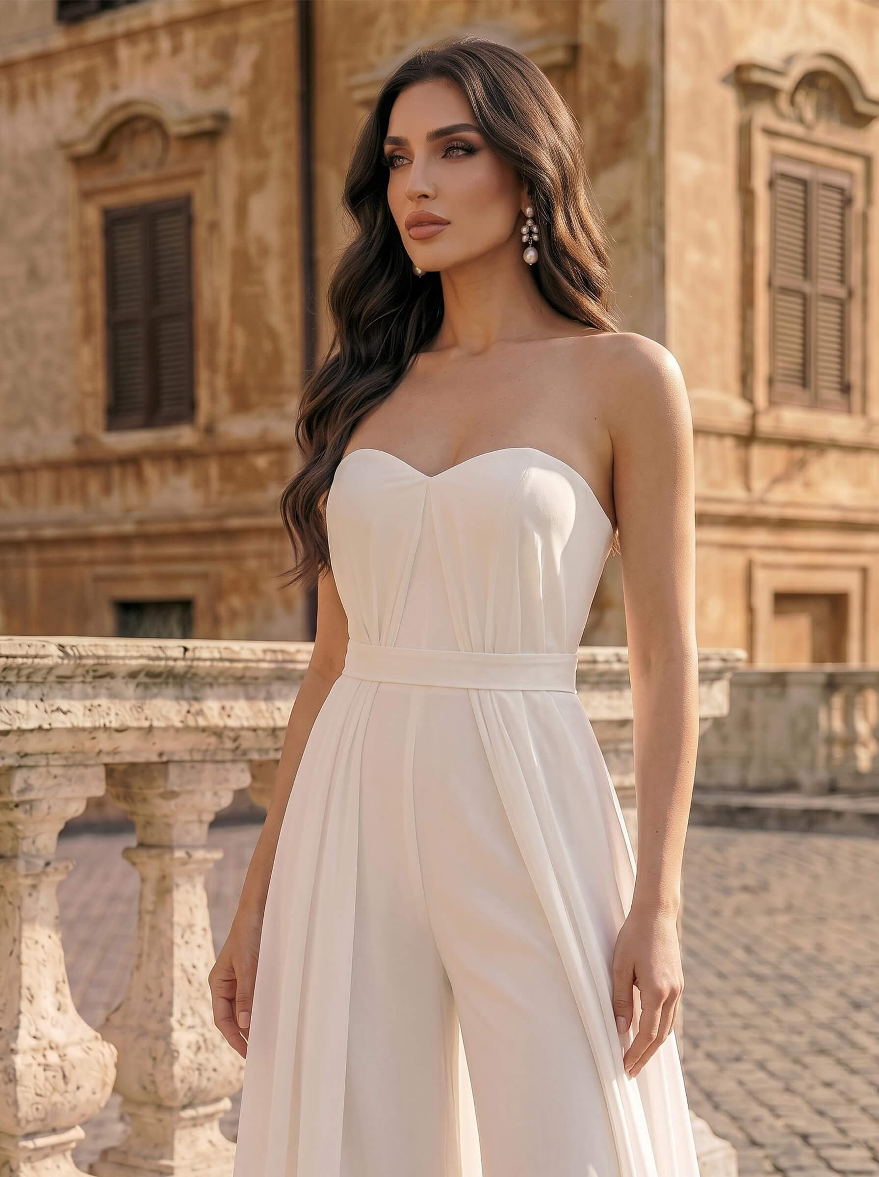 Jumpsuit/Pantsuit Off-The-Shoulder Sleeveless Floor-Length Chiffon/Elastic Satin Wedding Dresses Jumpsuit/Pantsuit Off-The-Shoulder Sleeveless Floor-Length Chiffon/Elastic Satin Wedding Dresses