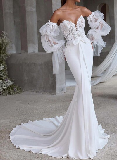 Trumpet/Mermaid Sweetheart Detachable Sleeves Court Train Lace/Elastic Satin Wedding Dresses With Bow(s)/Lace