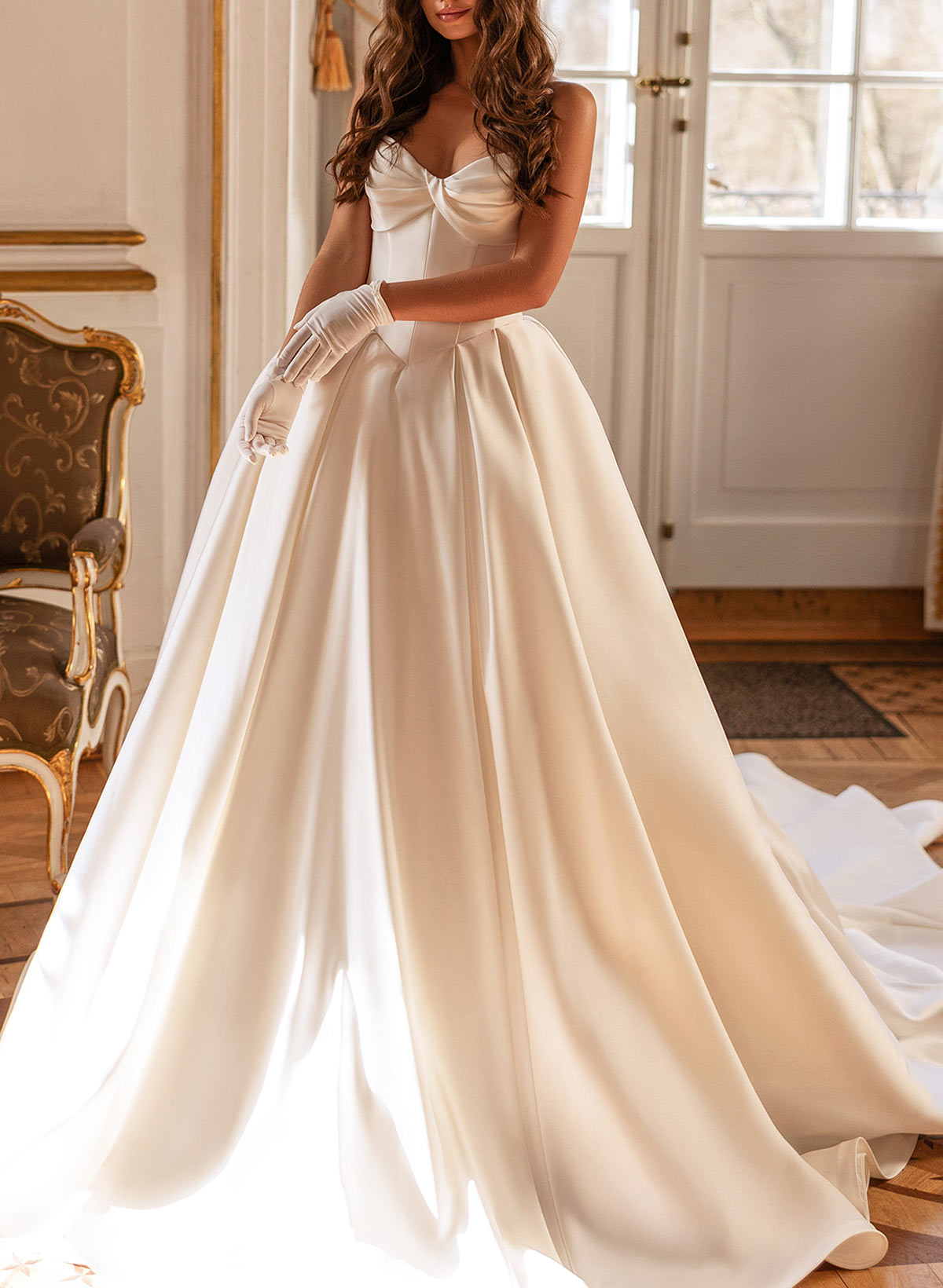 Ball-Gown Sweetheart Sleeveless Royal Satin Wedding Dresses