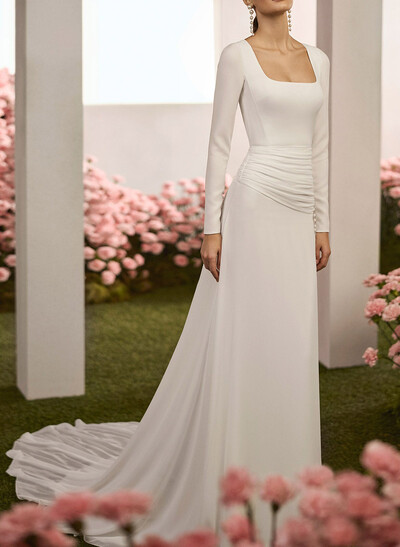 Sheath/Column Square Neckline Long Sleeves Chapel Train Crepe Satin Wedding Dresses