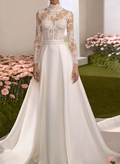 A-Line High Neck Long Sleeves Chapel Train Lace/Twill Satin Wedding Dresses With Lace/Overskirt Dress