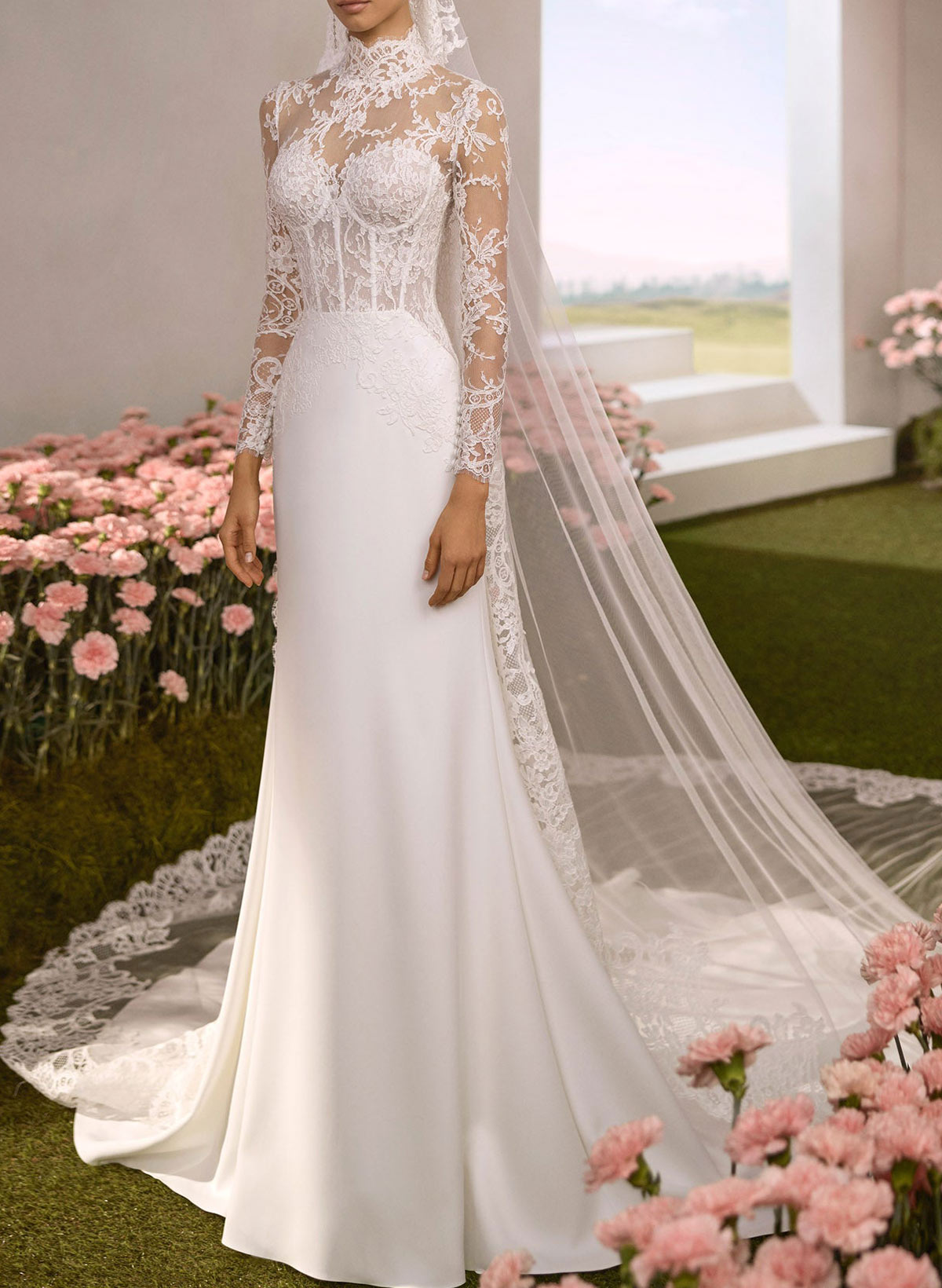 A-Line High Neck Long Sleeves Chapel Train Lace/Twill Satin Wedding Dresses With Lace/Overskirt Dress