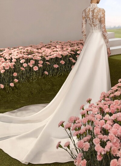 A-Line High Neck Long Sleeves Chapel Train Lace/Twill Satin Wedding Dresses With Lace/Overskirt Dress