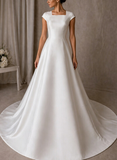A-Line Square Neckline Short Sleeves Chapel Train Lace/Crepe Satin Bride Wedding Dress With Appliques Lace