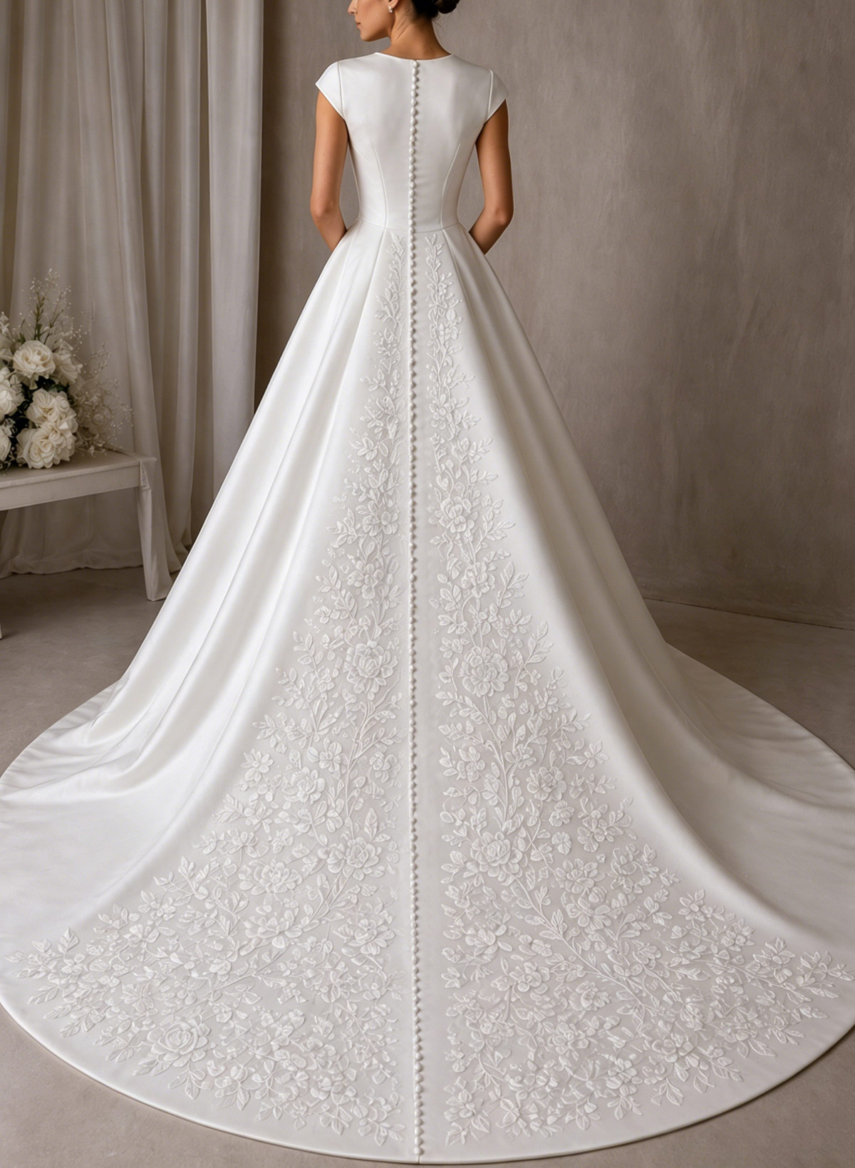 A-Line Square Neckline Short Sleeves Chapel Train Lace/Crepe Satin Bride Wedding Dress With Appliques Lace