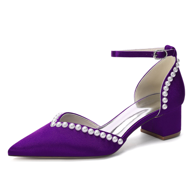 Elegant Low Heel Silk Like Satin Point Toe Wedding Shoes With Imitation Pearl