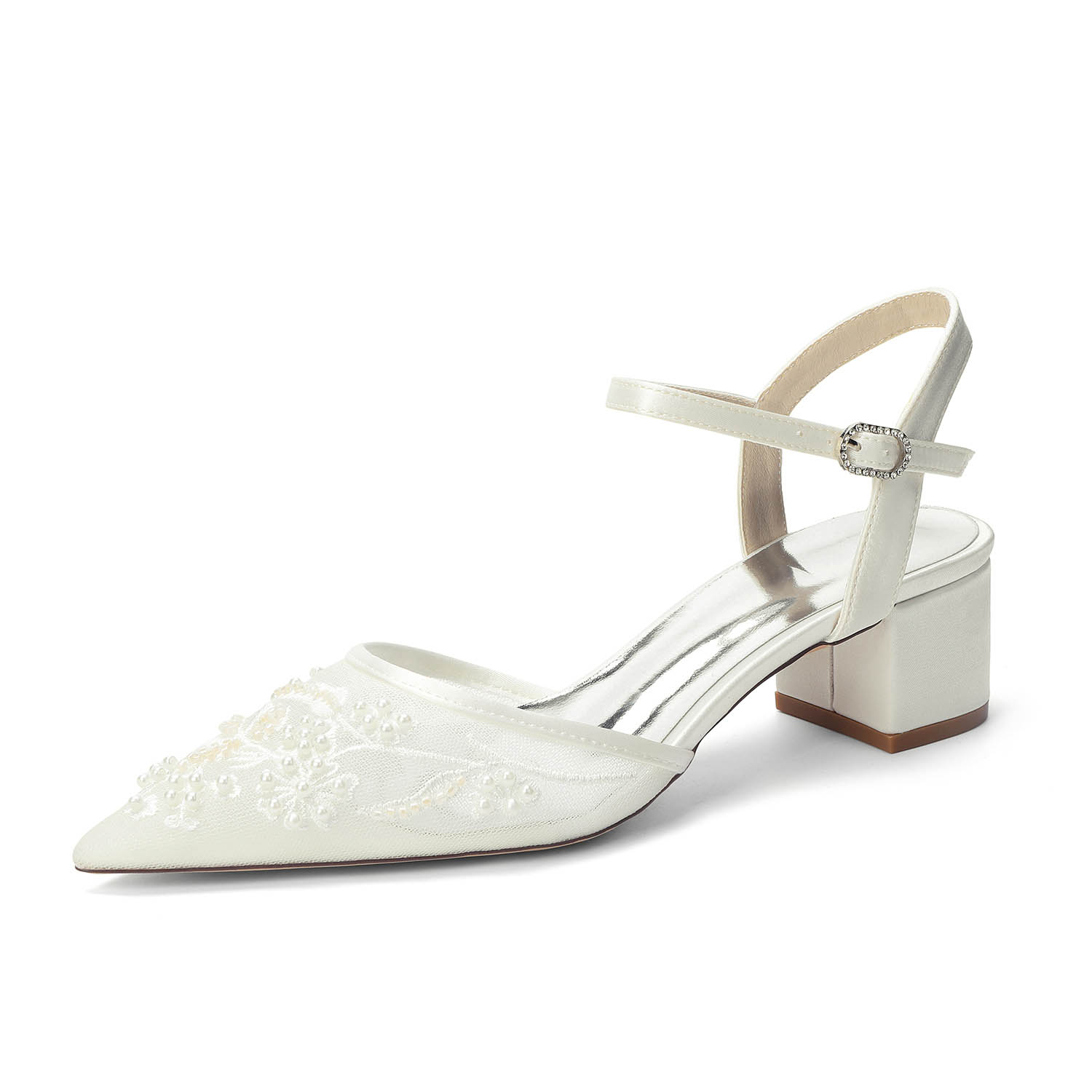Low Heel Lace/Silk Like Satin Point Toe Wedding Shoes With Imitation Pearl/Flower/Beading