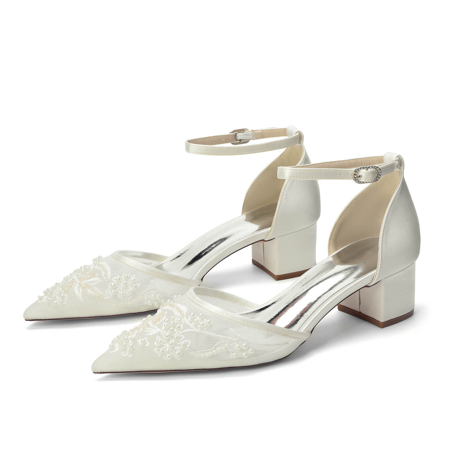 Low Heel Lace/Silk Like Satin Open Toe Wedding Shoes With Imitation Pearl/Flower