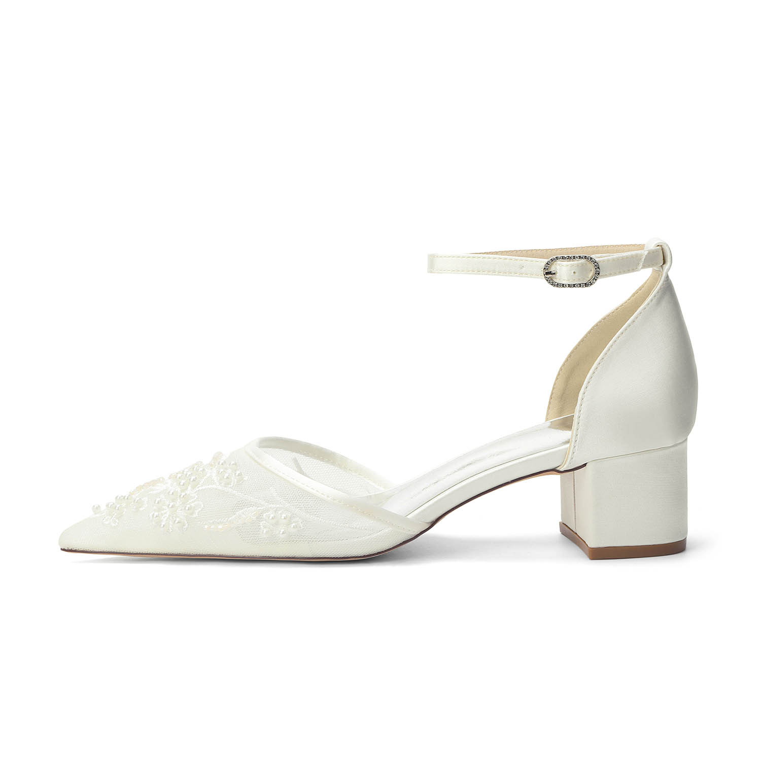 Low Heel Lace/Silk Like Satin Open Toe Wedding Shoes With Imitation Pearl/Flower