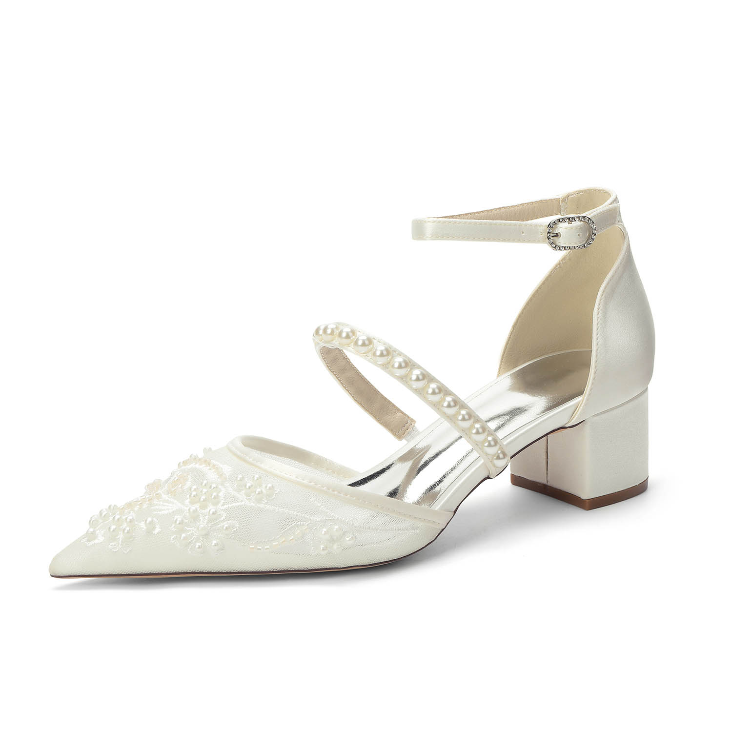 Low Heel Lace/Silk Like Satin Point Toe Wedding Shoes With Imitation Pearl/Flower