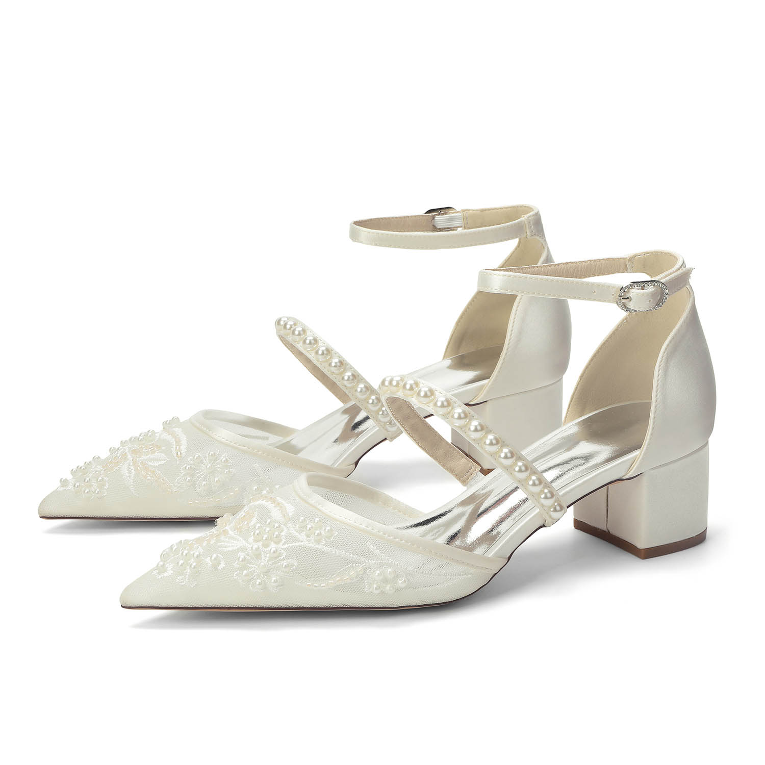 Low Heel Lace/Silk Like Satin Point Toe Wedding Shoes With Imitation Pearl/Flower